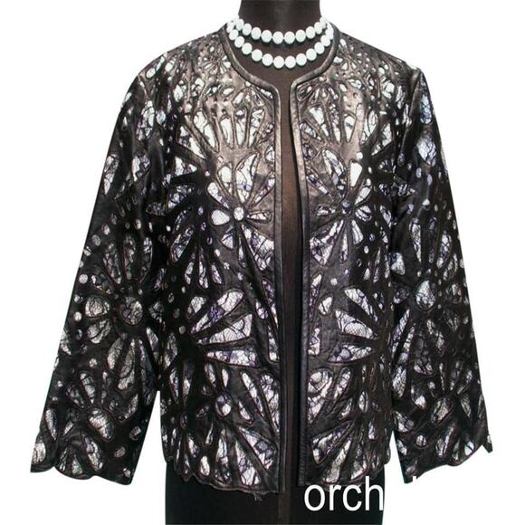 Cache Laser Cut Leather Lace Swing Jacket Top New Peek A Boo Black White $398